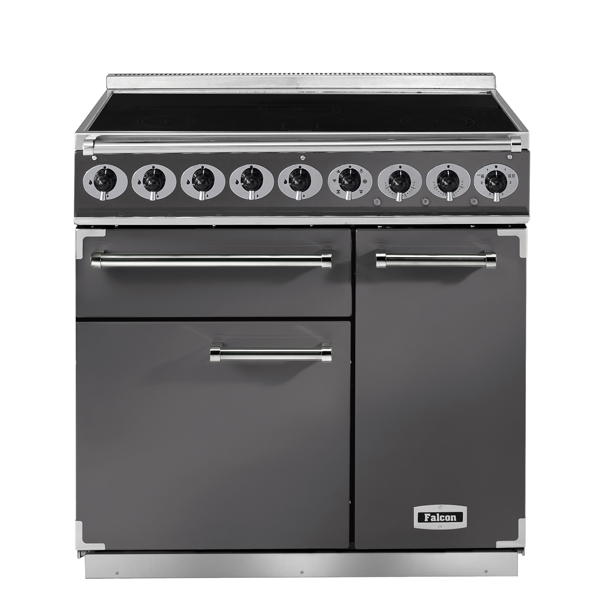 Moderner Falcon Induktionsherd mit vier Backofenfächern, neun Drehknöpfen und glänzender Edelstahl-Ausstattung in eleganter grauer Optik