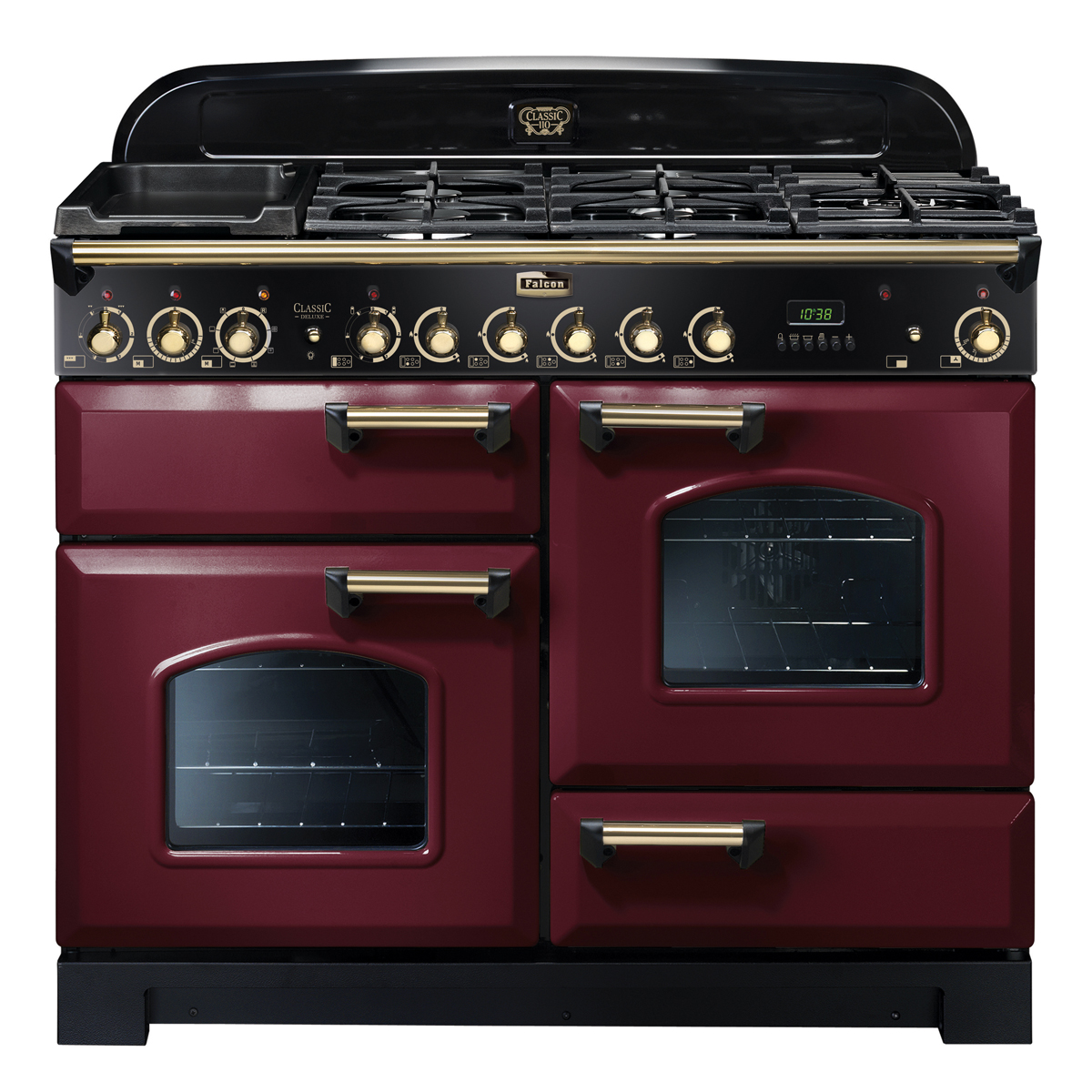 Großer bordeauxroter Falcon Classic Deluxe 110 Herd mit mehreren Backöfen, Gas-Kochfeld und goldenen Bedienelementen, freistehend