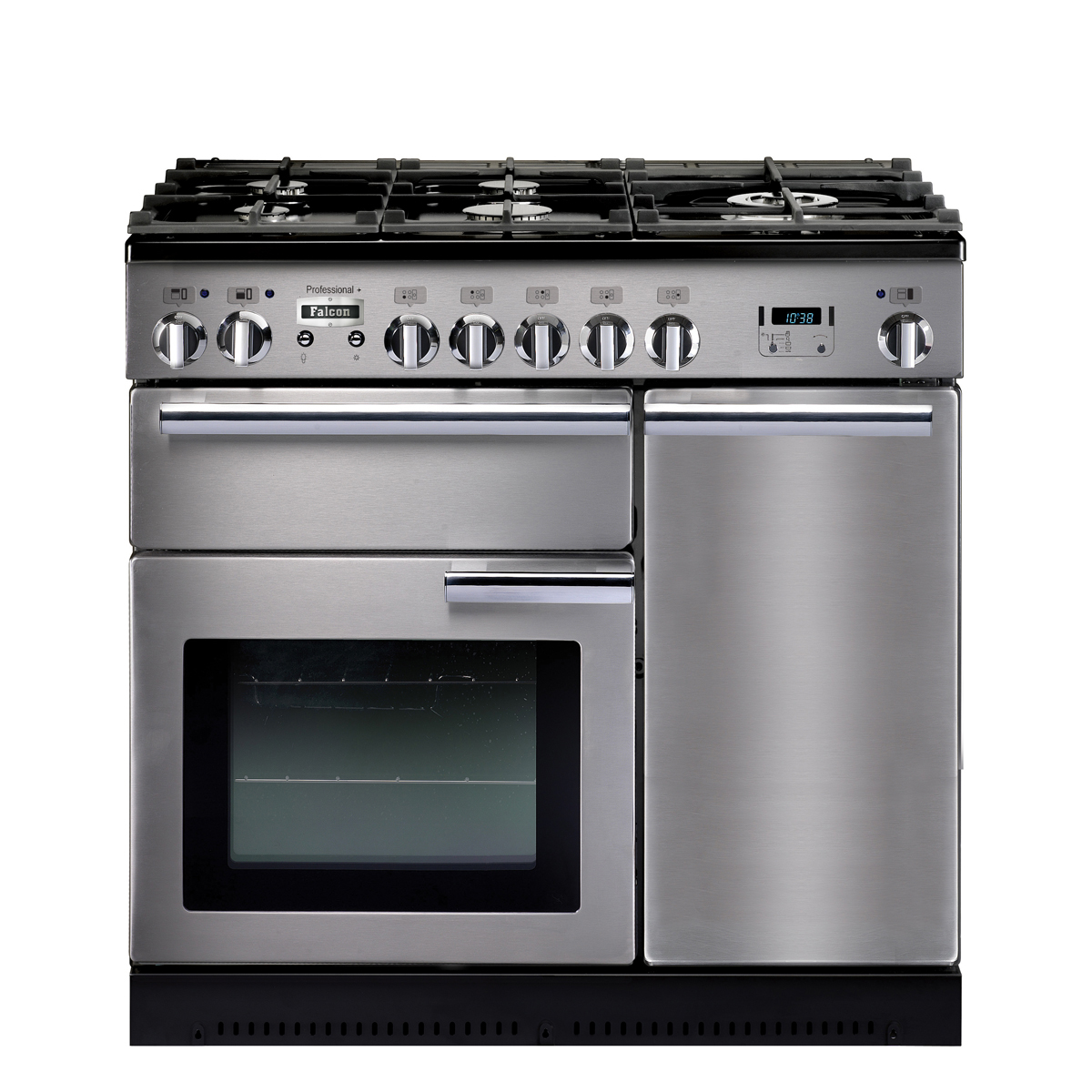 Moderner Edelstahlherd Falcon Professional mit Gaskochfeld, mehreren Backöfen und Bedienknöpfen, freistehend für die Küche