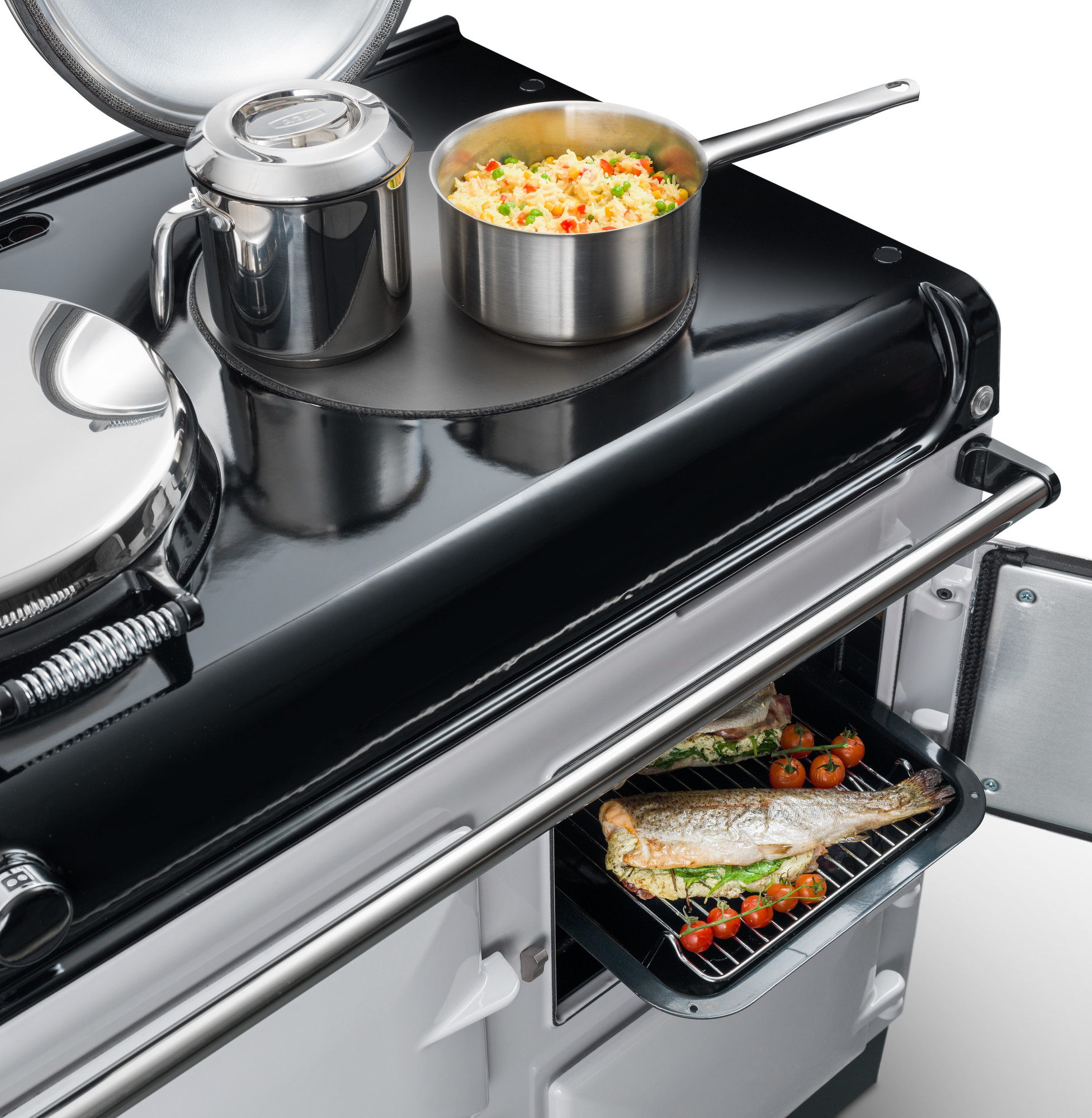 Detailaufnahme eines modernen Küchenherds, mit einem Backofen, in dem Fisch und Tomaten garen, und einem Kochtopf mit Gemüse-Reis sowie einer Kanne auf dem Kochfeld