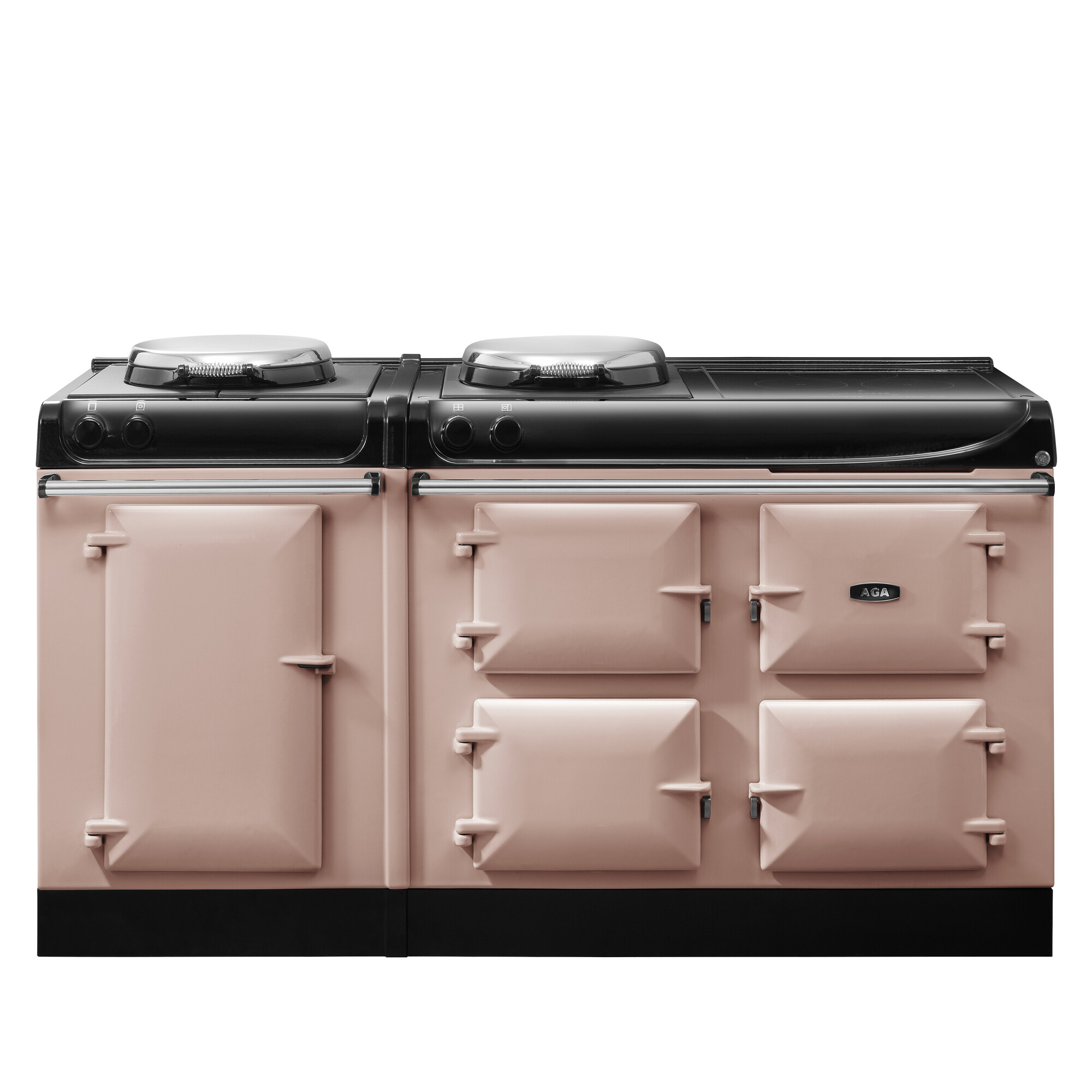 Pastellrosafarbener AGA Standherd mit vier Backofenfächern und zwei Kochplatten, ideal für stilvolle Küchen