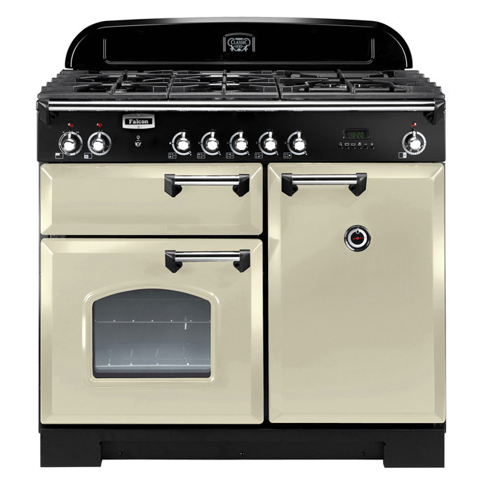 Falcon Classic Deluxe 90 Standherd in cremefarben mit Gaskochfeld und mehreren Backofentüren, klassische Optik