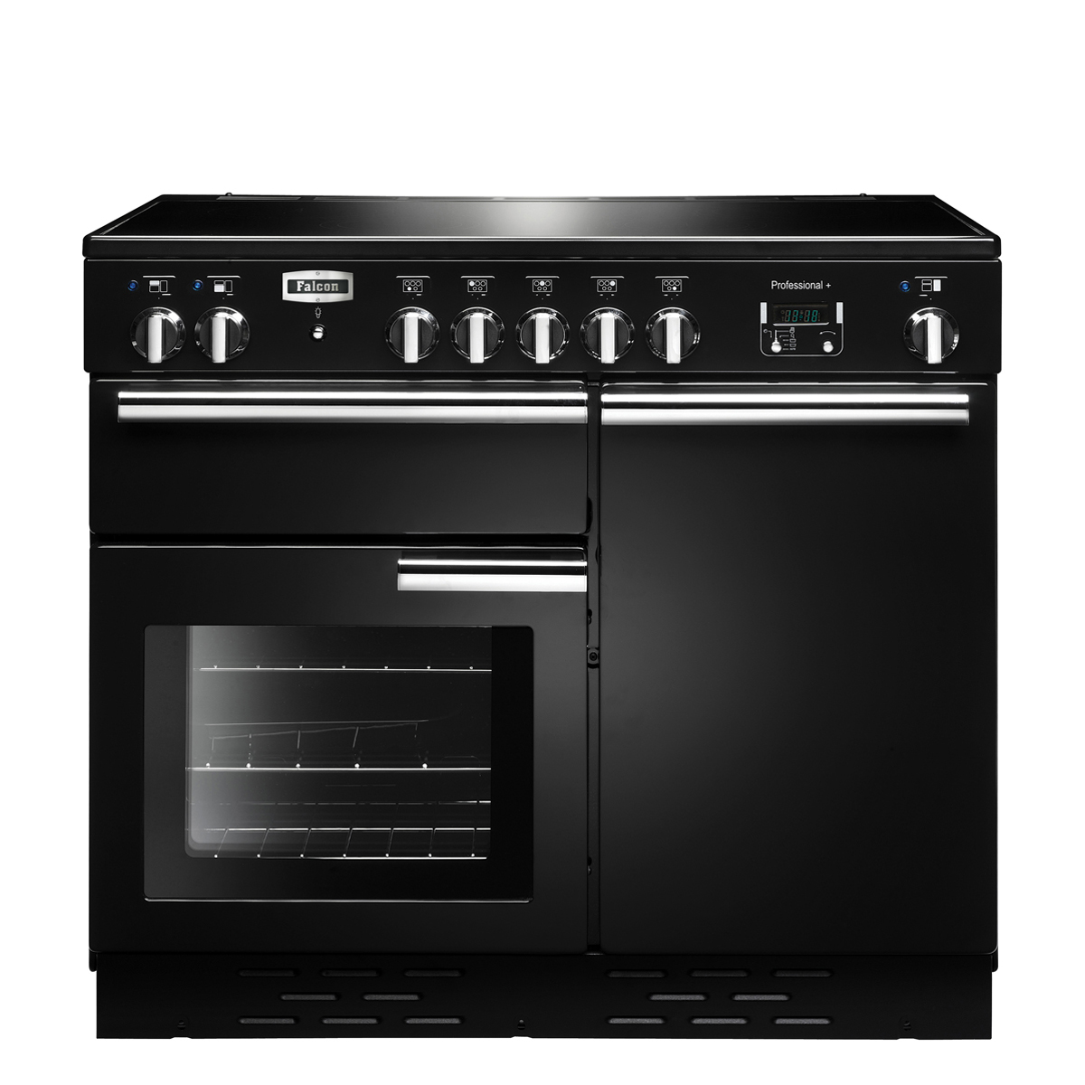 Falcon Professional+ Standherd in Schwarz mit zwei Backofentüren, mehreren Reglern und Edelstahlgriffen, freistehend