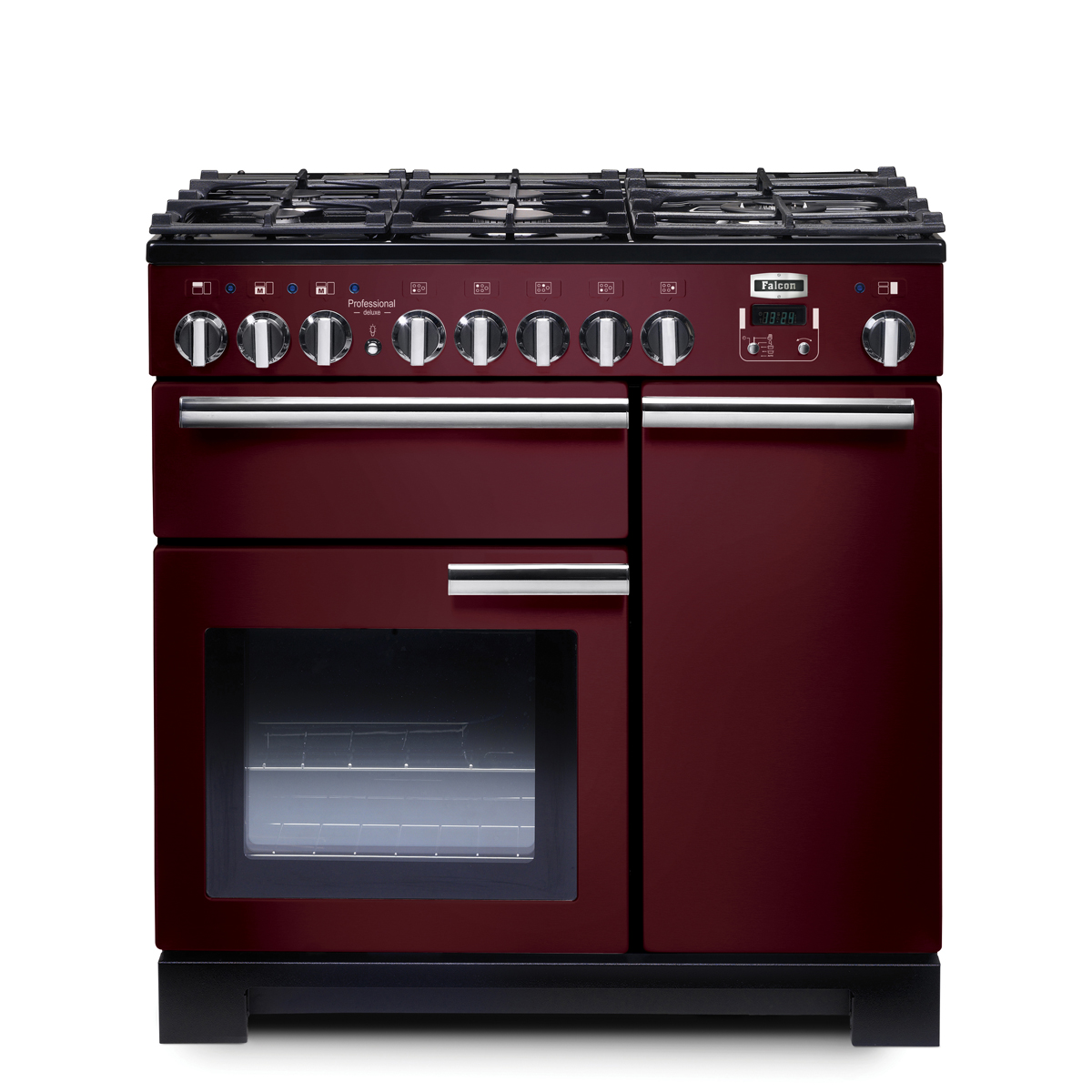Bordeauxfarbener Falcon Professional+ 90 Gasherd mit fünf Gaskochfeldern, Doppelbackofen und modernen Bedienelementen