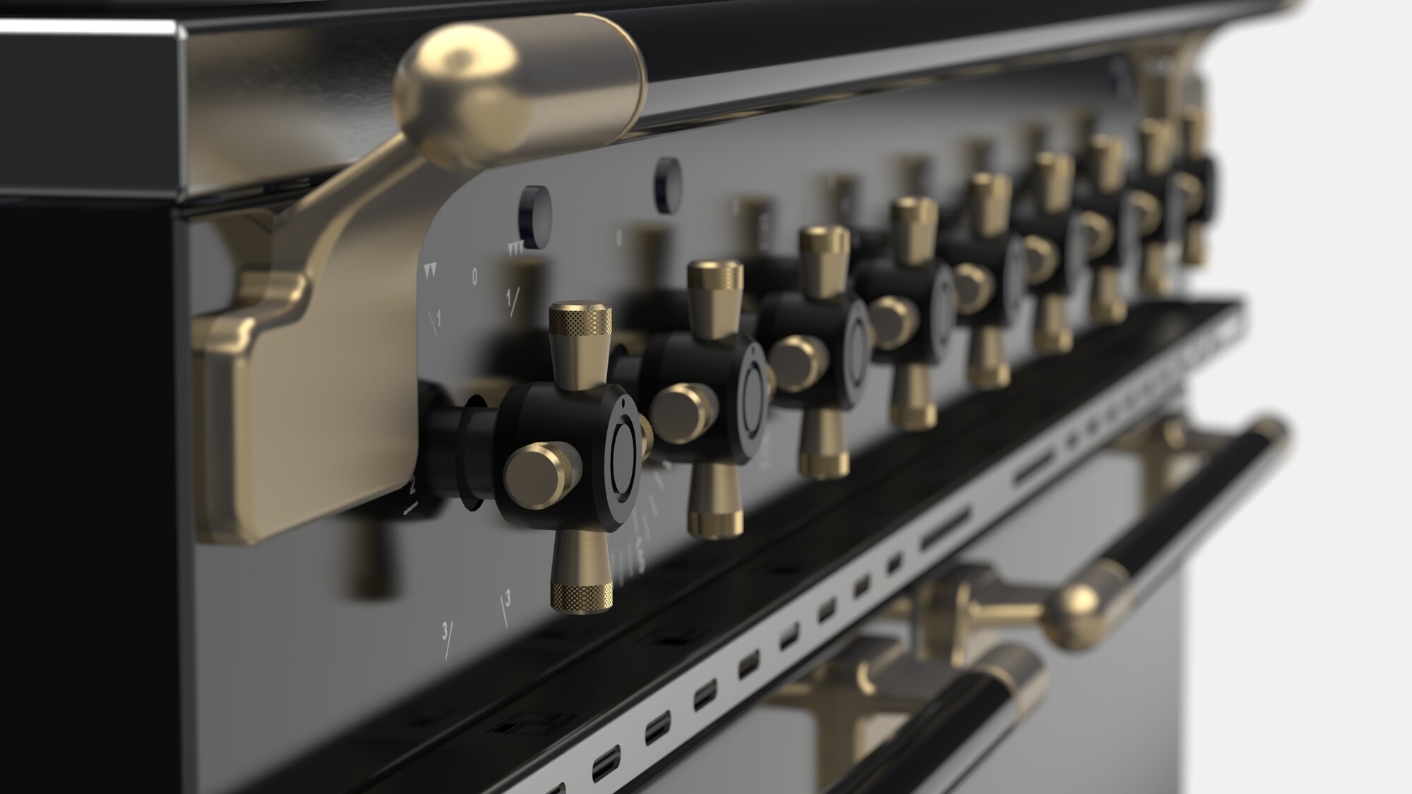 Nahaufnahme eines edlen, schwarzen Gasherds mit goldfarbenen Drehknöpfen und massiven Griffen