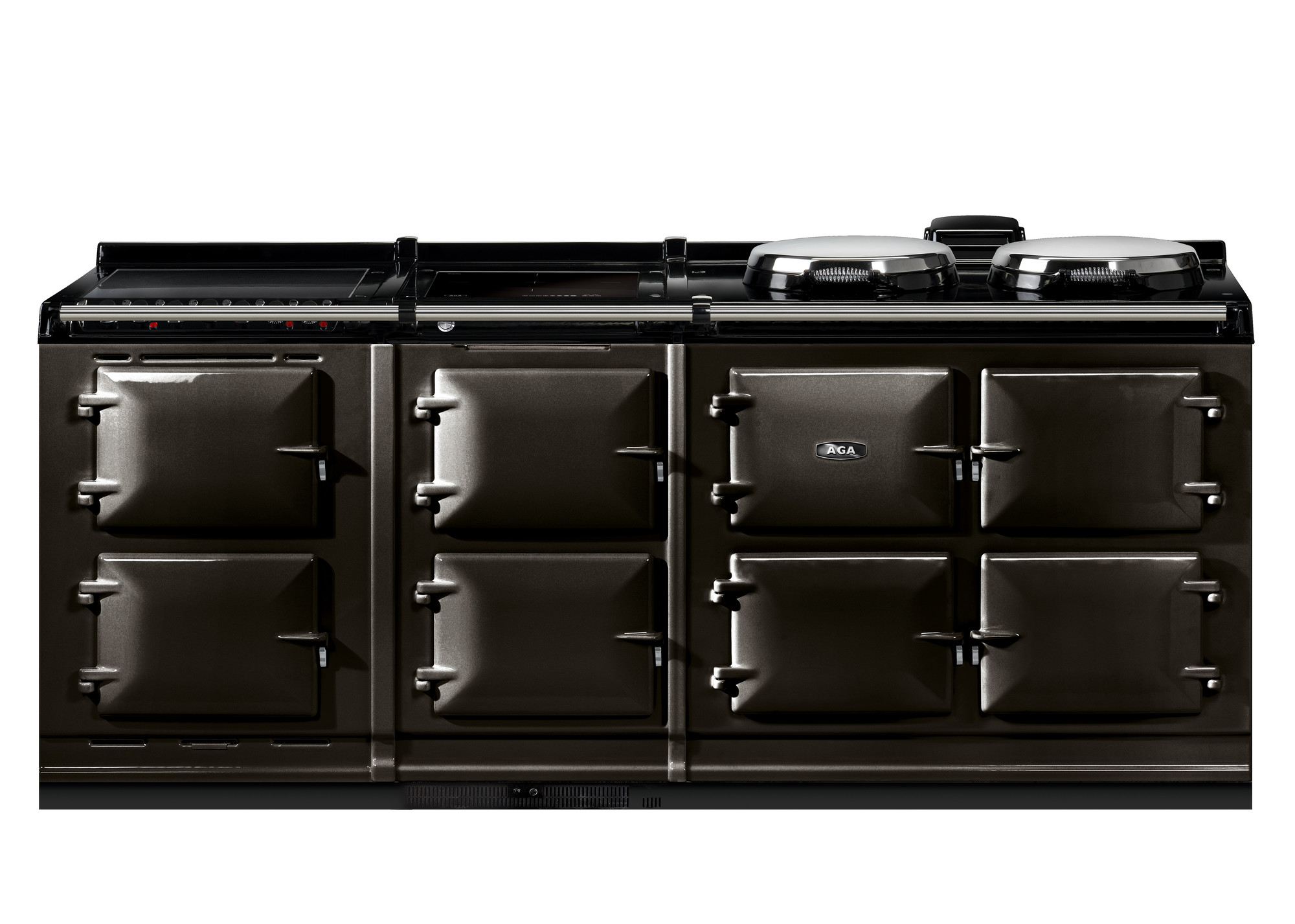 Schwarzer AGA Herd mit sechs Backofenfächern und zwei Kochplatten, ideal für große Küchen und vielseitiges Kochen