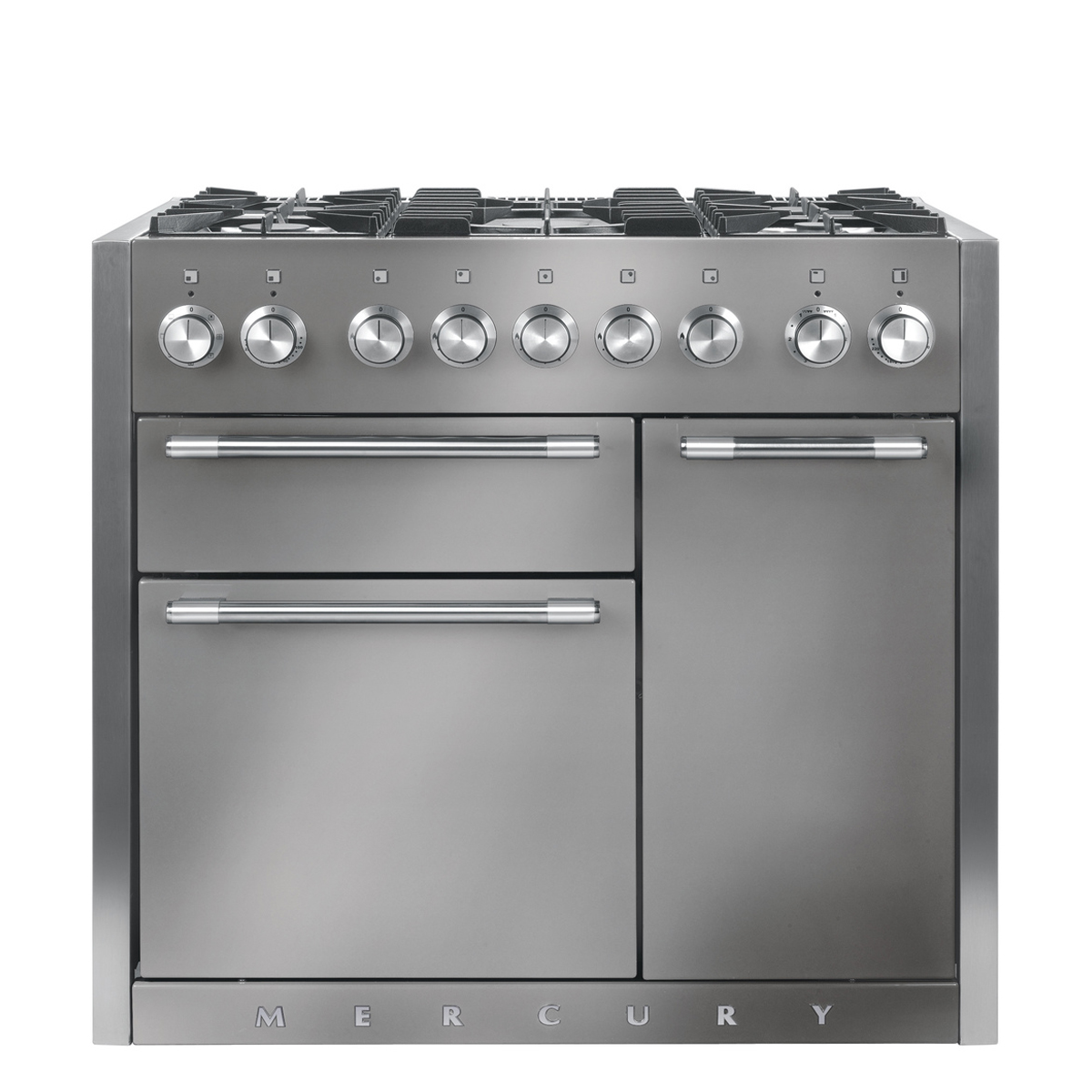 Moderner Edelstahl-Gasherd von Mercury mit sechs Kochfeldern, Bedienknöpfen und zwei Backofentüren