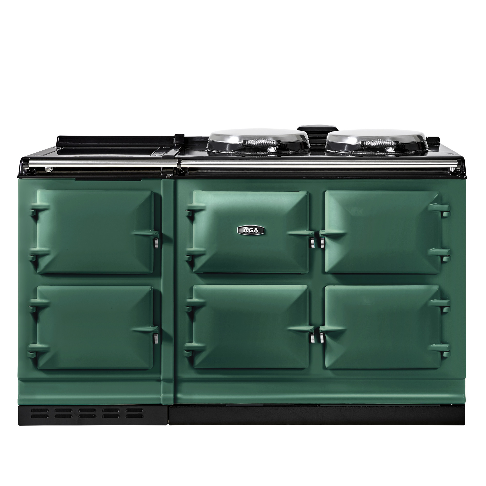 Freistehender grüner AGA Herd mit vier Backofenfächern und zwei runden Kochplatten auf der Oberseite