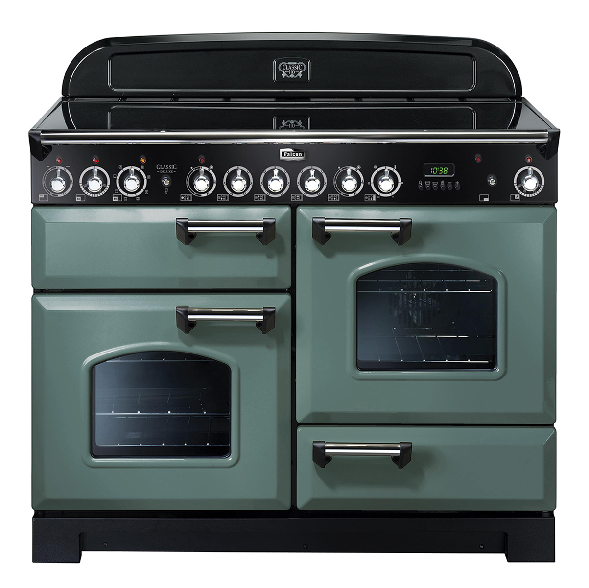 Grüner Falcon Classic Deluxe 110 Herd mit vier Backöfen, Glasfenstern und Bedienfeld, freistehend