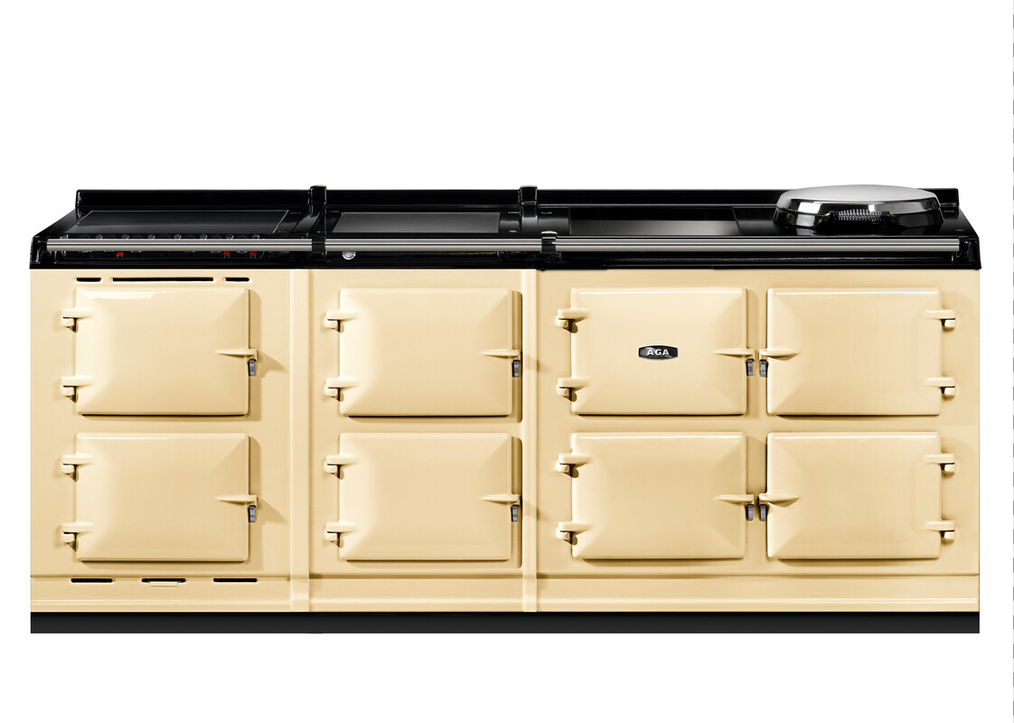 Frontansicht AGA Herd in Creme mit Kochplatten