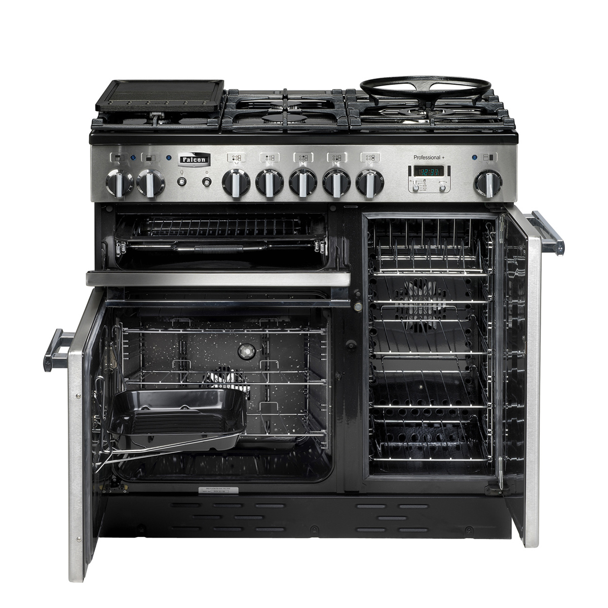 Moderner Standherd mit Gas-Kochfeld, verschiedenen Backöfen und geöffneter Front in Edelstahl