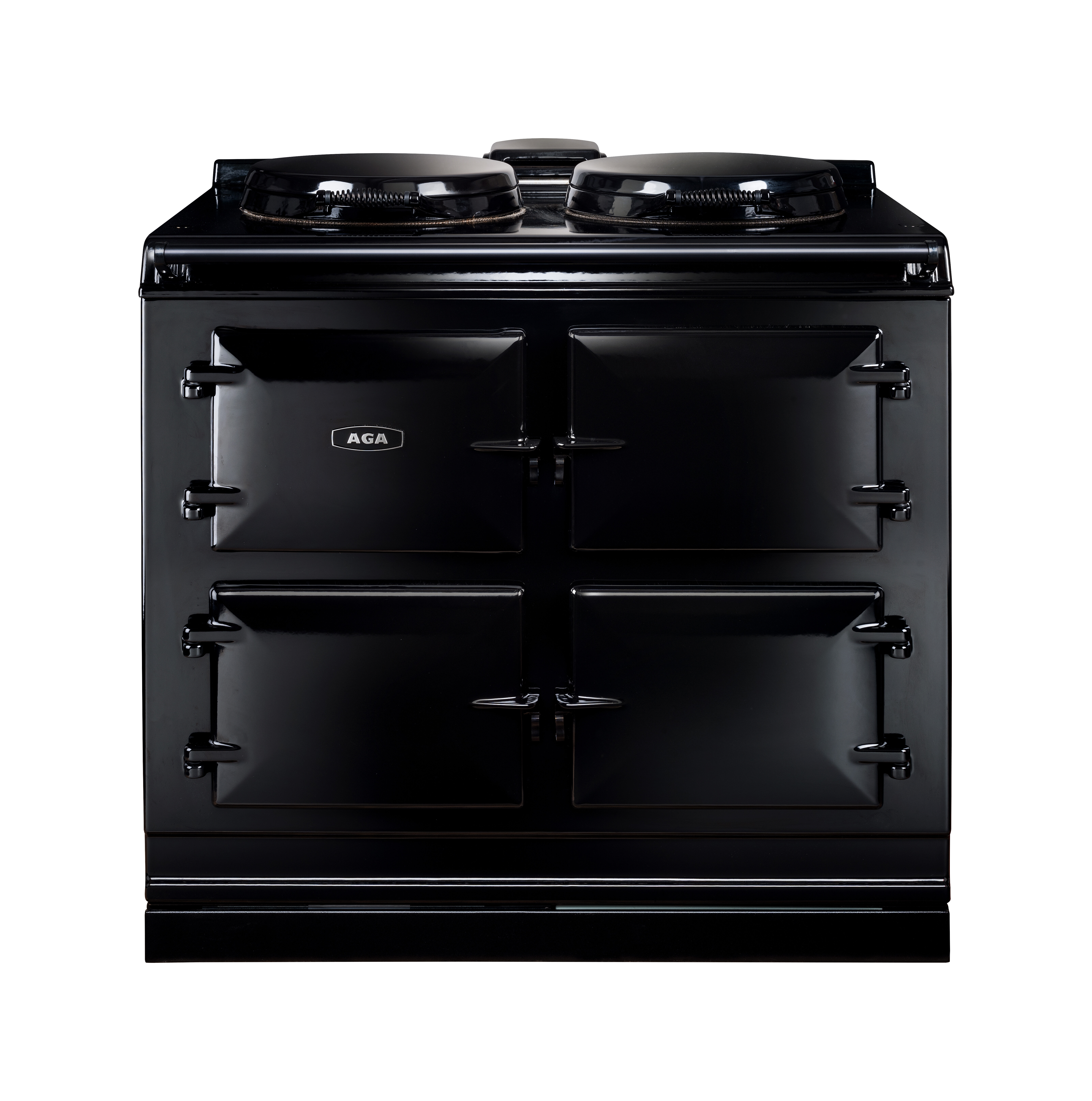 Frontansicht eines schwarzen AGA Herdes mit vier Backofentüren und zwei runden Kochplatten auf der Oberseite