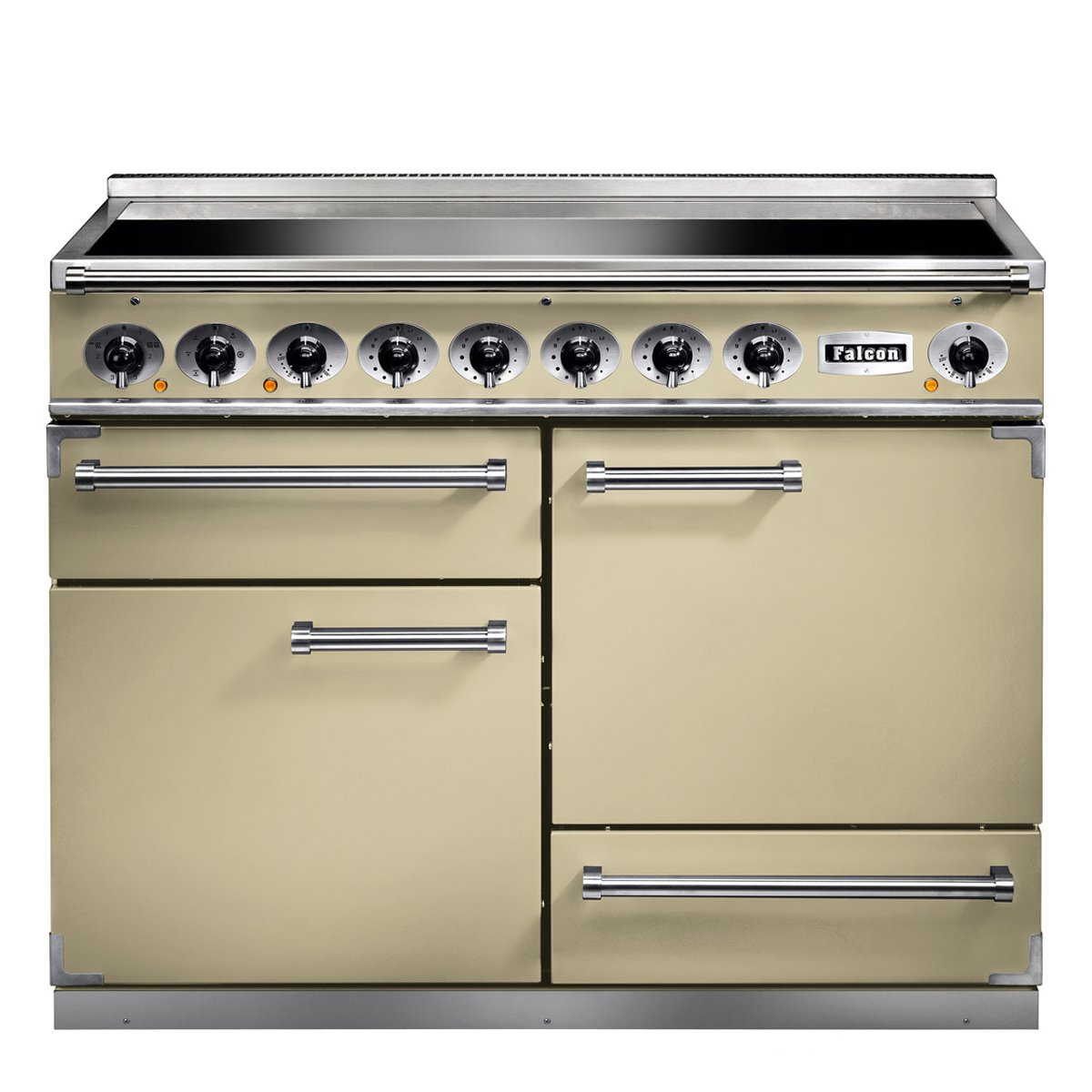 Falcon Classic 110 Induktionsherd in Creme mit sieben Drehknöpfen, großzügigem Induktionskochfeld und mehreren Backofentüren
