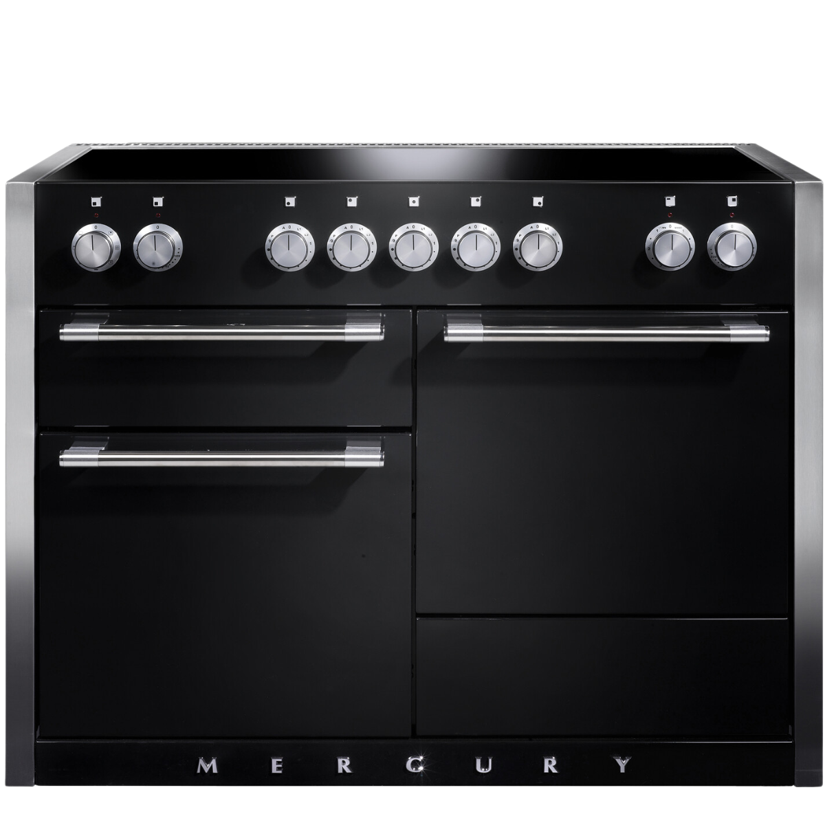Schwarzer Mercury Herd mit Induktionskochfeld, mehreren Bedienelementen und Backöfen, Edelstahl-Elemente, modernes Küchengerät