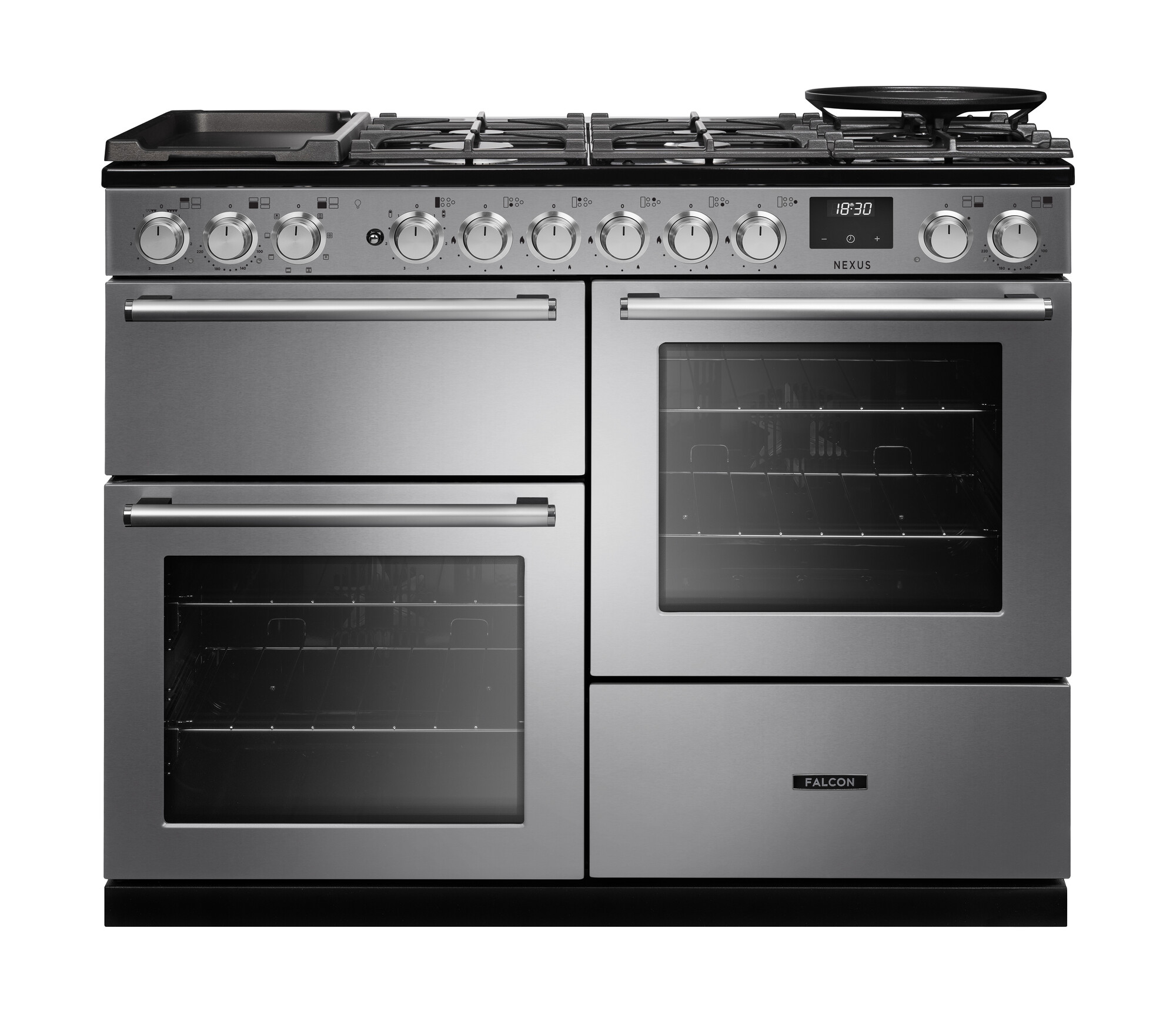 Falcon Nexus 110 Dual Fuel Standherd aus Edelstahl mit 5+1 Gasbrennern, Wok- und Grillplatte, zwei großen Backöfen, separatem Grill und Digitaltimer – Premium Range Cooker für die Familienküche