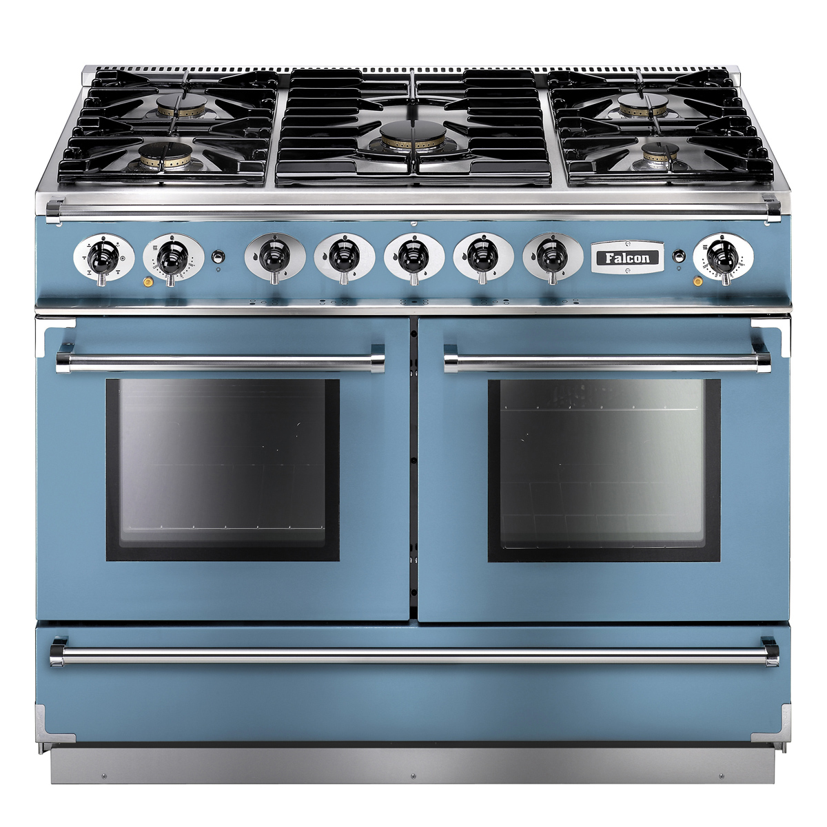 Professioneller Falcon Gasherd in Blau mit zwei Backöfen und sechs Gaskochfeldern, ideal für große Küchen