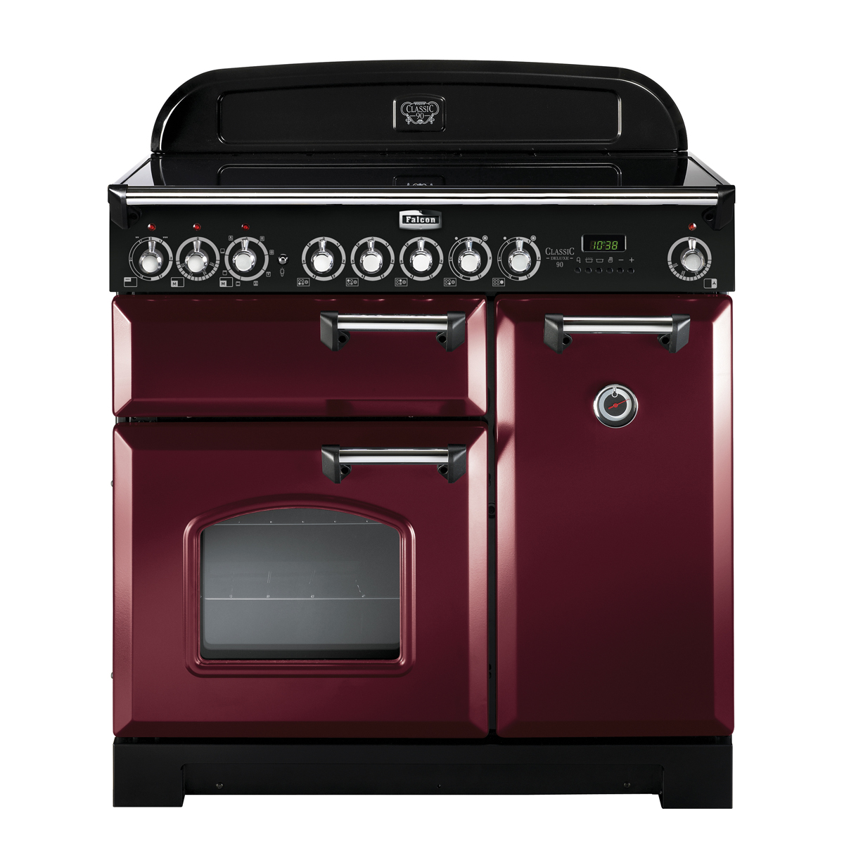 Induktionsherd Falcon Classic Deluxe 90 in weinrot mit zwei Backöfen und Kochfeld, Vorderansicht