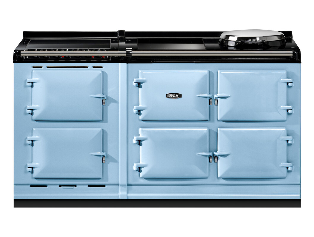 Vintage AGA Kochherd in hellblau mit sechs Ofentüren und großem Kochfeld, ideal für stilvolle Küchen