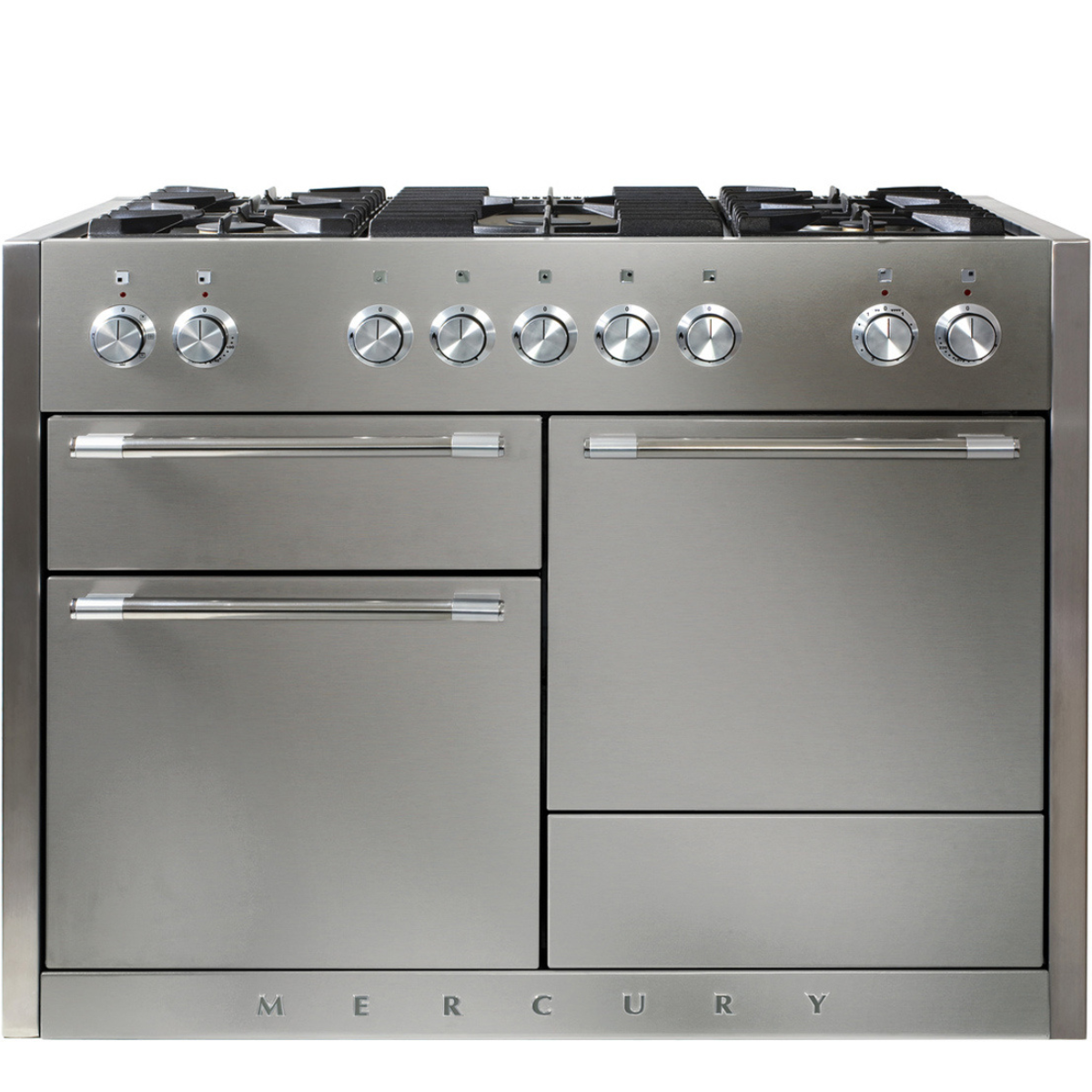 Großer Mercury Gasherd aus Edelstahl mit sechs Gaskochfeldern, zwei Backöfen und Drehreglern, freistehend, modernes Küchengerät