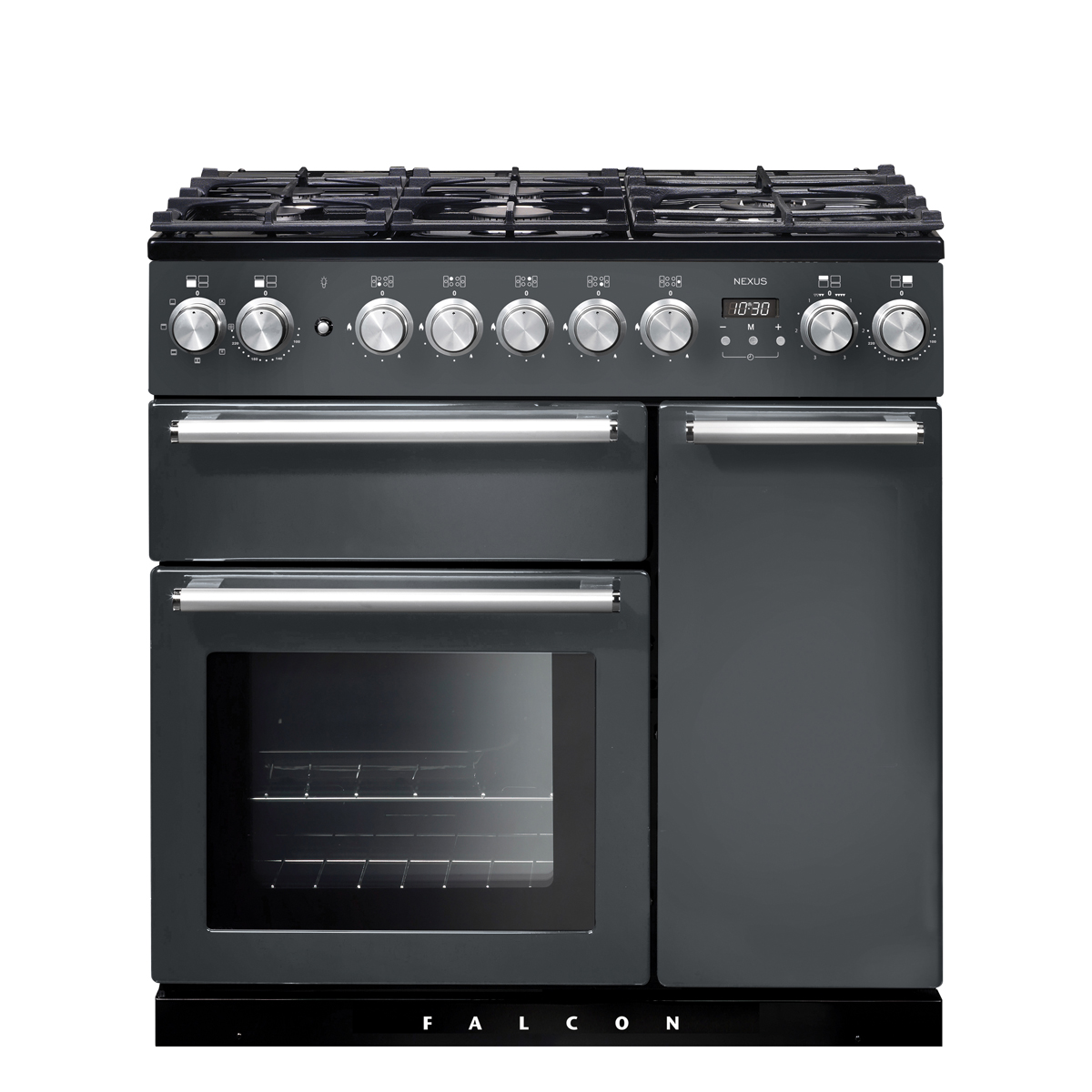 Schwarzer Falcon Nexus Standherd mit Gas-Kochfeld, mehreren Backöfen und silbernen Drehknöpfen