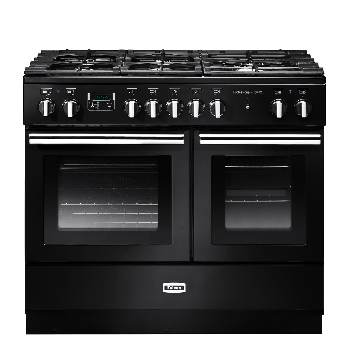 Schwarzer Standherd Falcon Professional+ 100 FX mit Gas-Kochfeld, sieben Drehreglern und zwei großzügigen Backöfen