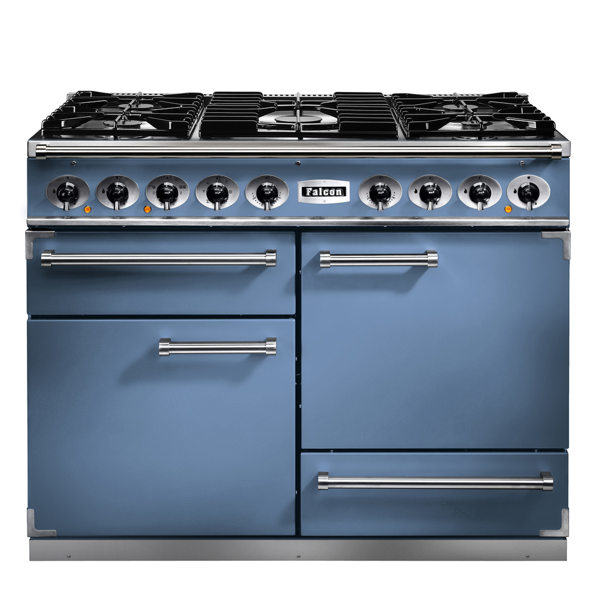 Blauer Falcon Gasherd Classic Deluxe 110 cm mit mehreren Backöfen, Gas-Kochfeldern und Edelstahlelementen, freistehend
