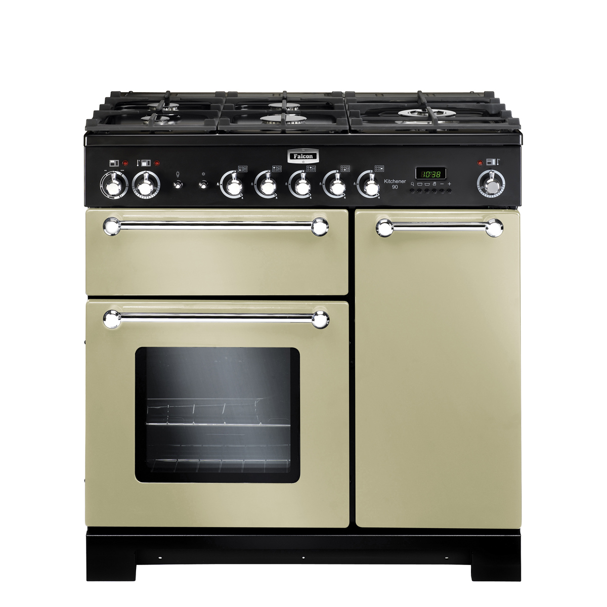 Falcon Kitchener 90 Standherd in Creme mit Gas-Kochfeld, mehreren Backöfen und Bedienknöpfen, freistehend
