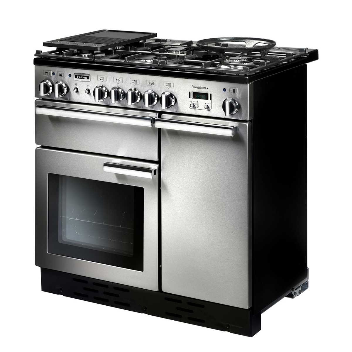 Moderner Falcon Professional+ Gasherd aus Edelstahl mit zwei Backöfen, Gaskochfeld und Grillplatte, geeignet für große Küchen