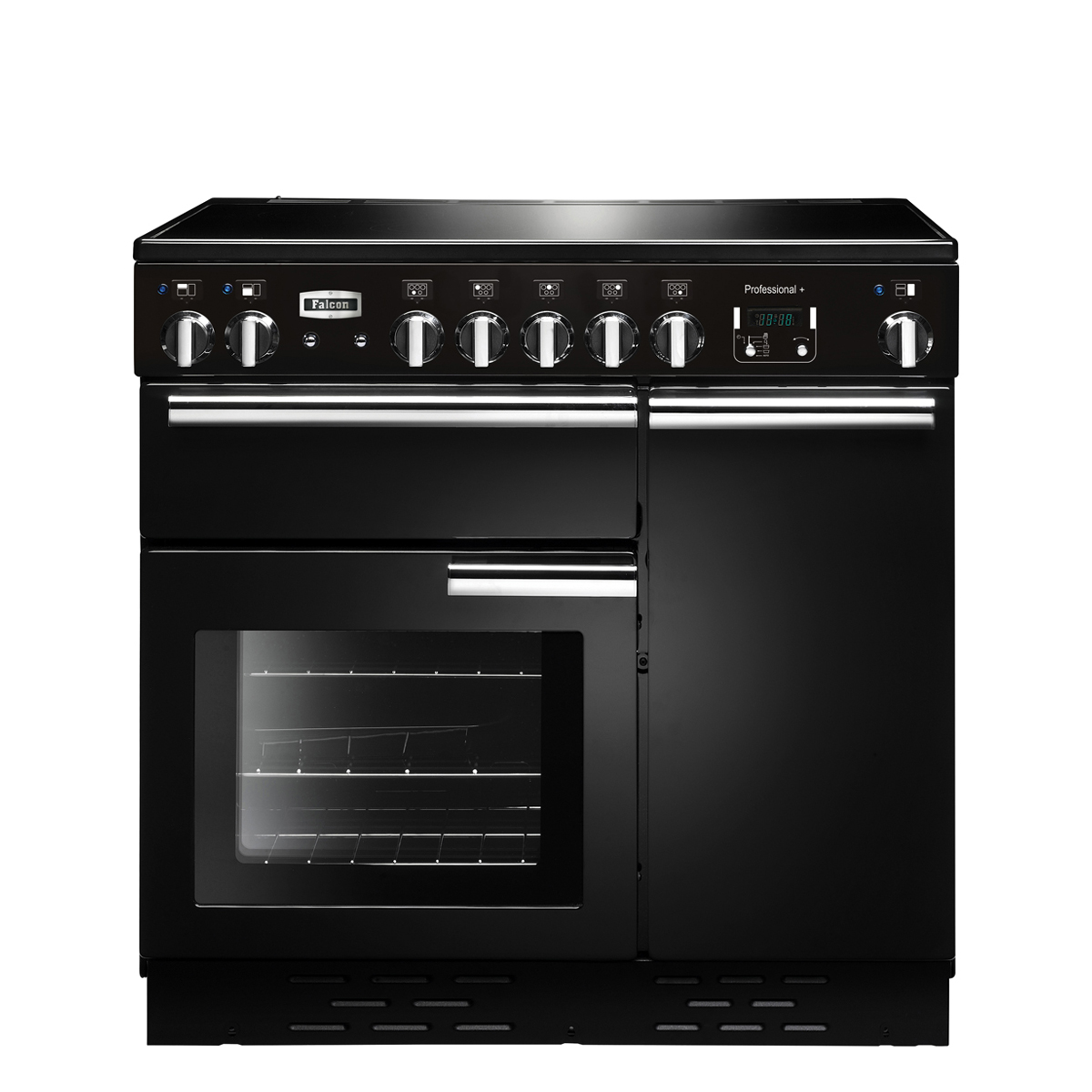 Schwarzer Falcon Professional+ 100 Induktionsherd mit mehreren Backöfen, fünf Drehknöpfen und großem Sichtfenster