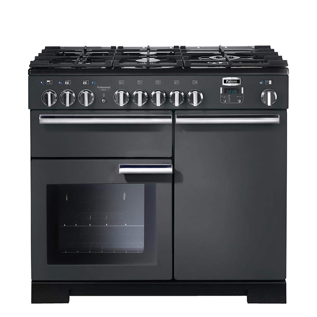 Schwarzer Falcon Professional+ 110 Range Cooker mit breitem Gaskochfeld, Edelstahldrehknöpfen und zwei großen Backofentüren