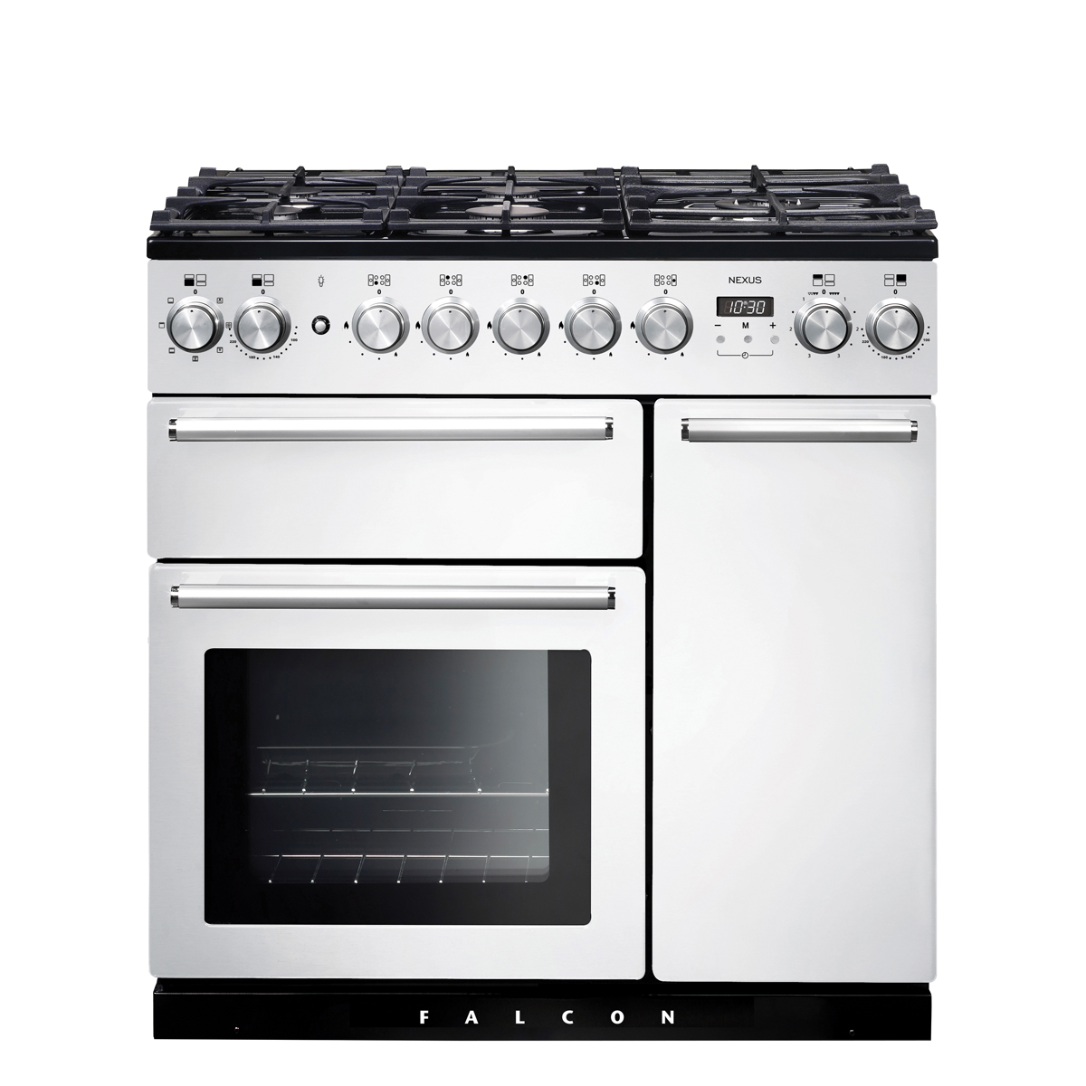 Weißer Falcon Nexus Gasherd mit sieben Bedienknöpfen, mehreren Kochfeldern und drei Backofentüren, geeignet für große Küchen